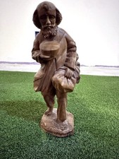 Vintage Hand Carved Wood Pilgrim Beggar Figure Bearded Man Alms Bowl Sack 11 in picture