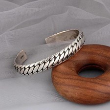 Mens Vintage Open Bangle 925 Sterling Silver Handmade Twisted Cuff Bracelet picture