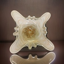 Vintage Murano Art Glass Butterfly Bowl White Gold Aventurine Flecks 11