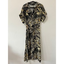 Zara Tropical Linen Palm Print Midi Shirt Dress Womens Medium Black Yellow Boho picture