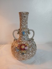 Antique Porcelain Vase Hand Painted Floral Asian  Handles gold Moriage 1900's  picture