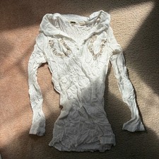 Miss Me y2k vntg white crinkle henley top embroidered rhinestone pockets picture