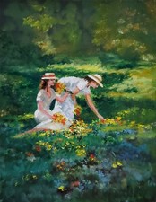 YARY DLUHOS Landscape Meadow Wildflowers Women Figures Original Art Oil Painting picture