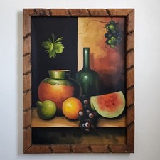 Vintage MCM Fruit Wine Bottle Still Life Original Oil Painting Carved Wood Frame picture