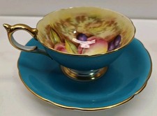 Aynsley  teacup & saucer, Vtg Orchard Fruit Turquoise Bone China, signed D.Jones picture