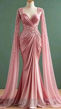 Elegant Mermaid Evening Gown Long Chiffon Cape Sleeves Beaded Formal Dress Prom picture