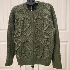 Loewe Mens Olive Green Braided Cable Crewneck Sweater Size L picture