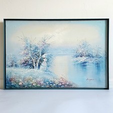 Vintage J Thompson Oil Painting Lady Lake Winter Snow Scene Large 37x25 Framed picture