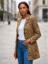 Worthington stretch Leopard Print Open Front Coatigan Jacket Pockets Size S picture