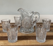 Antique EAPG Indiana Glass Oval Star 300 Childs Toy Water Set Pitcher 6 Tumblers picture