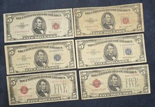 Lot of (6) Vintage $5 Red & Blue Seal US Banknotes - 1928B, 1928E, 1953A, B, C picture