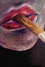Aceo Original Smoking Lips Cigarette Print Expressive Tiny Miniature Art Retro picture