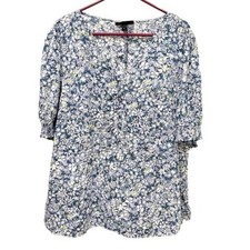 Lane Bryant Top Women's 24 Ditsy Floral Blue & White Button Puff Sleeve NWT picture