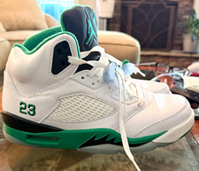 Woman retro Air Jordan 5 White/Green/Black Mid Top Leather Lace Up Sneakers picture
