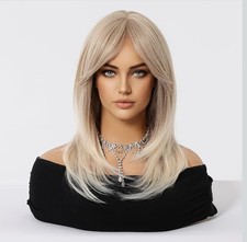 Platinum BLONDE Human HAIR Blend Multicolor Wavy Curly bangs layers picture