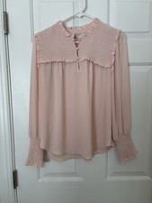 LOFT Women’s Pink Smocked Ruffle Shoulders Long Sleeve Blouse XS NWT picture