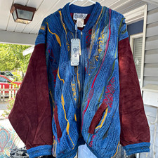 COOGI Blues Mens XL Full Zip Cotton Cable-Knit Sweater Blue Burgundy Multi GRAIL picture