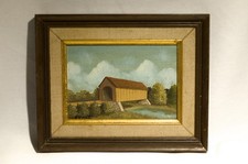 Vintage Cover Bridge and Landscape Original Oil Painting Signed Barbara Rosetti picture