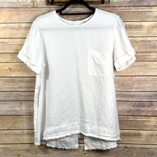 Symple NYC White Short Sleeve 100% Linen Distressed Hem Button Up Back Top M picture