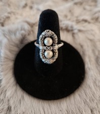 Art Deco c1930s 935 Silver Marcasite Style Faux Pearl Ring + 925 Studs picture
