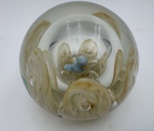 VGT Joe St. Clair Art Glass Paperweight White Flower Bluebird Center Signed ￼ picture
