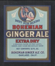 1920s BOHEMIAN GINGER ALE EXTRA DRY {BEST FOR MIXING} OAKLAND CALIF UNUSED LABEL picture