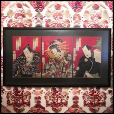 Antique Japanese Woodblock Triptych - Toyohara Kunichika 