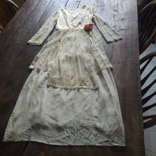 Antique Edwardian Silk Chiffon Tea Dress Cream Embroidered Beaded Tiered Skirt picture