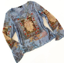 VTG Y2K One World Blue Bell Sleeve Sublimation Print Mesh Shirt Womens Large picture