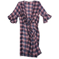 Lildy Sheer Plaid Tie Front Kimono Womens S/M Duster Red Navy Festival Western picture