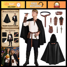 Medieval Renaissance Costume for Men, 9-Piece Hooded Cloak & Accessories Set picture