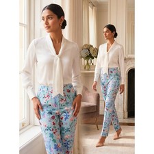 Talbots Hampshire Ankle Pants Blue Floral Cotton Blend Straight Leg Size 10 picture