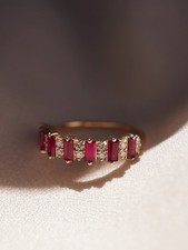 3.90 Ct Emerald Cut Red Ruby & Round Diamond Eternity Band Solid 14K Yellow Gold picture