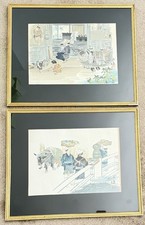 Japanese Woodblock Prints Wada Sanzo Signed Showa Era Genre Scenes Framed Set picture
