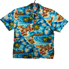 RJC Vintage Hawaiian Shirt Mens XL Blue Island Map Floral 100% Cotton Made USA picture