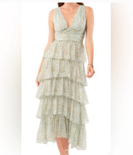 1 State Dress 6 Maxi Aline Floral Green Ruffles Tiered Vneck Sleeveless New picture