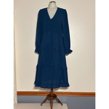 Grace Karin Tiered Midi Dress Women Large Blue Smocked Long Sleeve V-neck NEW picture