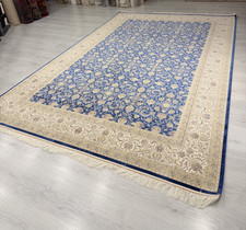 Turkish Silk Rug 8x11 ft Blue Floral Oriental Carpet Fringed Luxury Decor picture