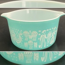 Pyrex 473 White on Turquoise Butterprint aka Amish Casserole Bowl 1957-1968 USA picture