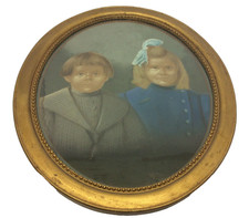 Vintage Pastel Portrait of Young Siblings – Oval Wood Framed Wall Art Painting picture
