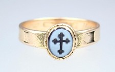 Antique Victorian 15K Gold Jerusalem Cross Nicolo Intaglio Mourning Ring 1856 6 picture