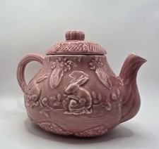 Vintage Bordallo Pinheiro Pink Rabbit Embossed Ceramic Teapot w/ Lid, Portugal picture