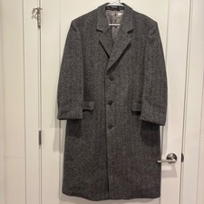 Vintage Stratojac Mens 42 Grey Herringbone Pure Wool Long Overcoat Trench Jacket picture