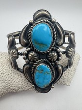 Jeff James Jr Navajo Sterling Silver Kingman Turquoise Cuff Bracelet 39g 6.25” picture