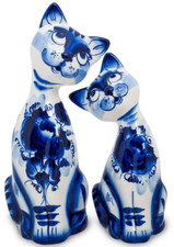 [SET OF 2] Gzhel Porcelain Cat Figurine Ceramic Cat Sculpture White and Blue picture