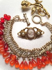 Lot Of VINTAGE Antique Costume Jewelry Pink CAMEO Orange BRACELET Rose PIN picture