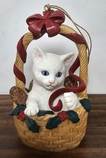Vtg Lenox Basket Of Cheer Tree Ornament Shelf Sitter White Cat Red Ribbon 4.5