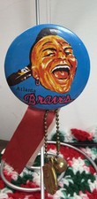 Vintage 1960s Atlanta Braves Pinback Button Complete Ribbon Glove & Ball Charm picture