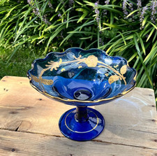 Antique Victorian Cobalt Blue Glass Compote - Hand Blown Pontil Scar, Gold picture