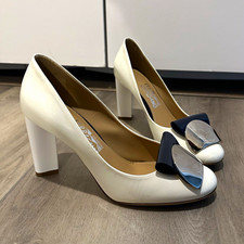 Salvatore Ferragamo Women’s White Leather Pump Block Heel Bow Logo US 7.5 picture